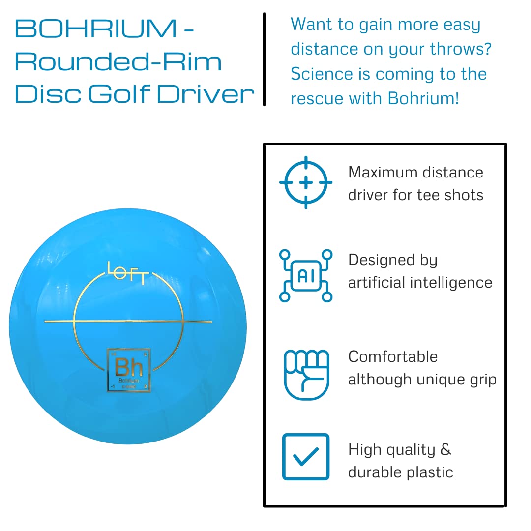 LOFT Discs Bohrium | Maximum Distance Disc Golf Driver | 170-174g | Unique Rounded Rim | Understable Distance Driver | Glidey & Fast Flight | Colors May Vary (Alpha Plastic)