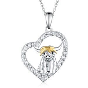 cvravo animal necklace for women sterling silver highland cow necklace cute heart cow pendant necklace jewelry birthday gifts for women wife