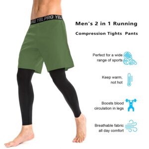 WRAGCFM Men's 2 in 1 Running Pants Shorts Tights, Gym Workout Compression Pants for Men Quick Dry Athletic Legging with Pocket(Green,S)