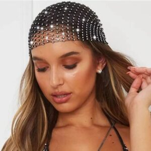 jeairts rhinestone mesh headband sparkly wide head scarfs stretchy crystal nightclub headwrap rave costume hair accessories for women and girls (1-black)