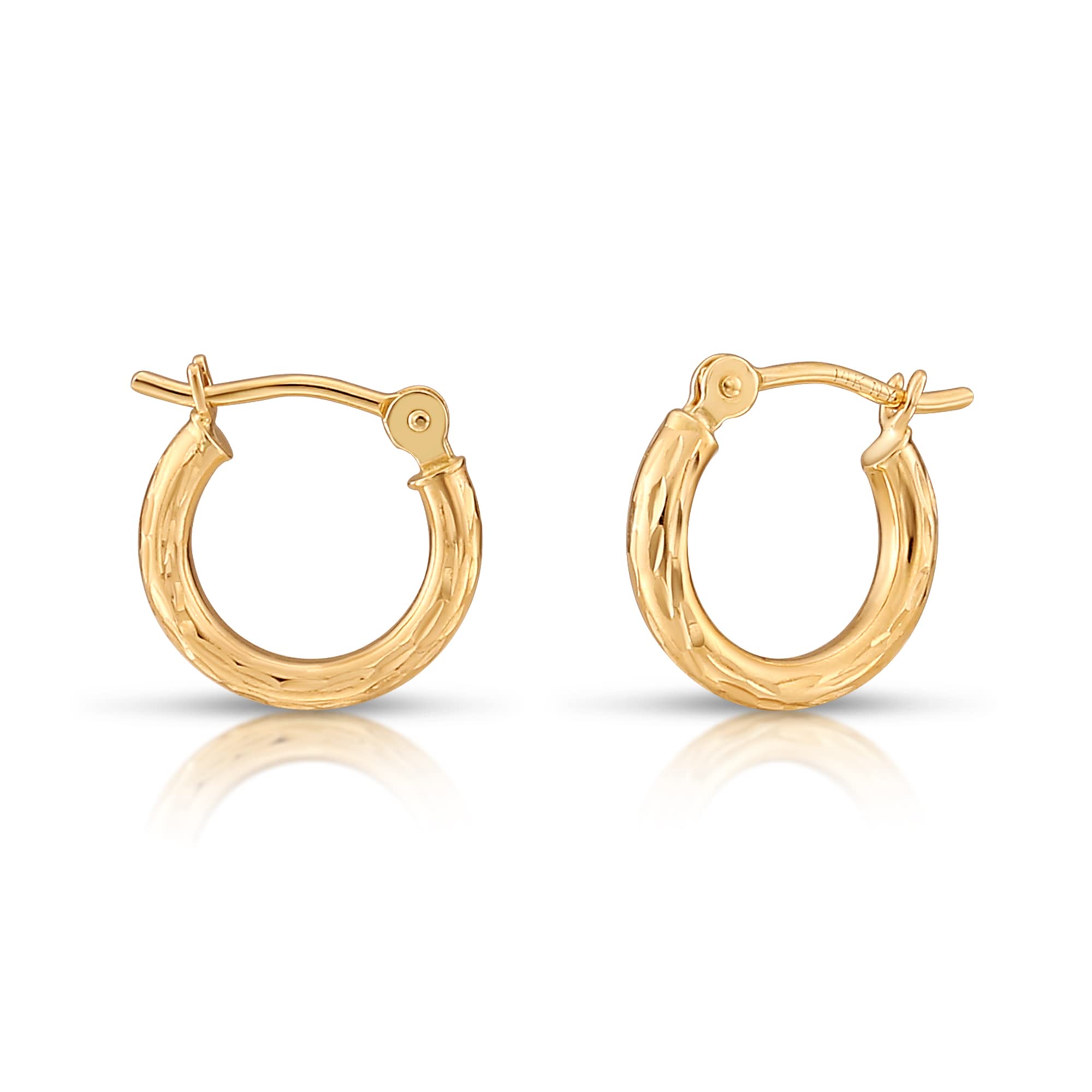 14K Yellow Gold 2mm Tube Polished Round Hoop Earrings, 11MM, Classic and Shiny (Diamond-cut Hoops)