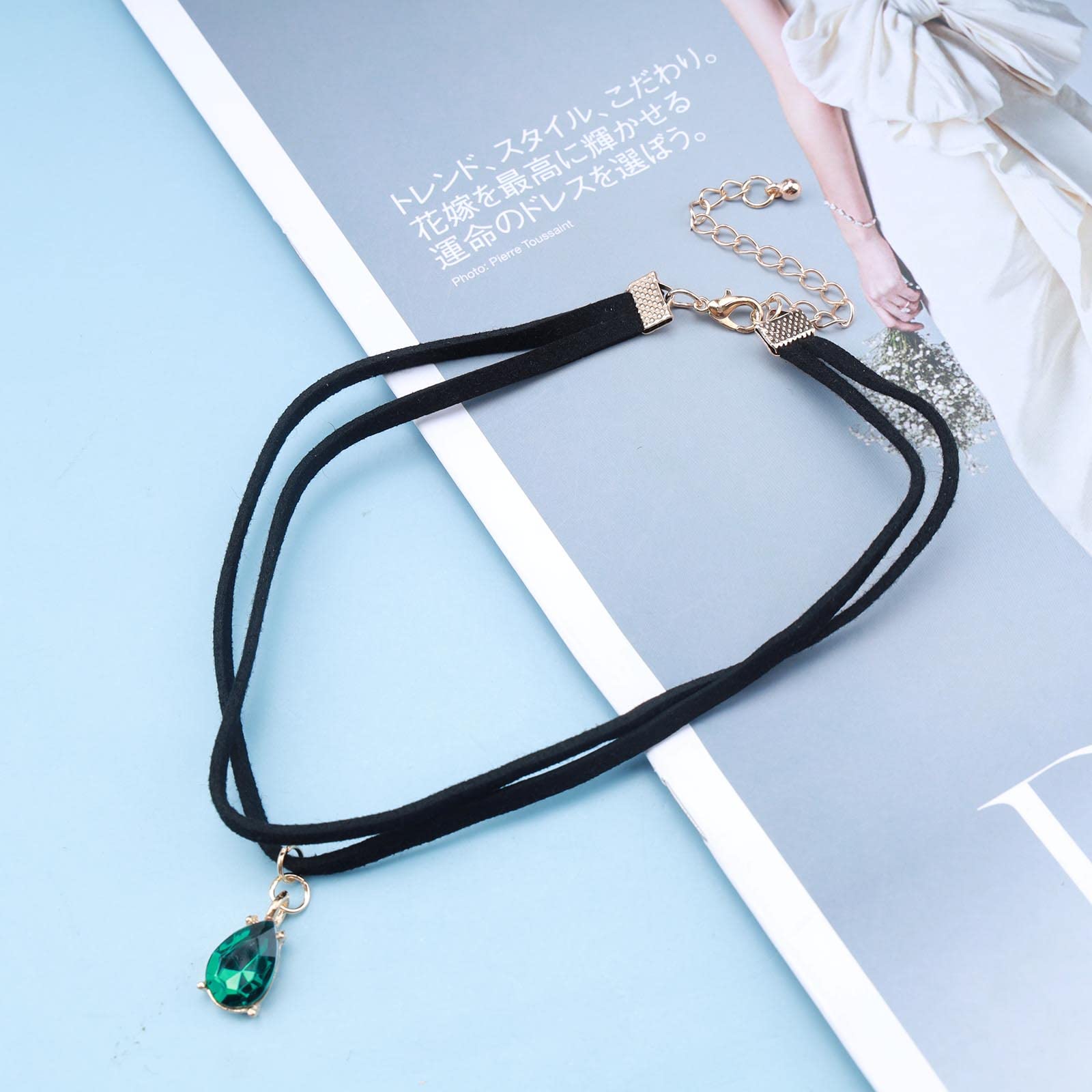 Iaceble Vintage Layered Suede Choker Necklace Green Teardrop Clavicle Necklace Black Velvet Choker Necklace Cz Emerald Pendant Necklace Collar Jewelry for Women and Girls