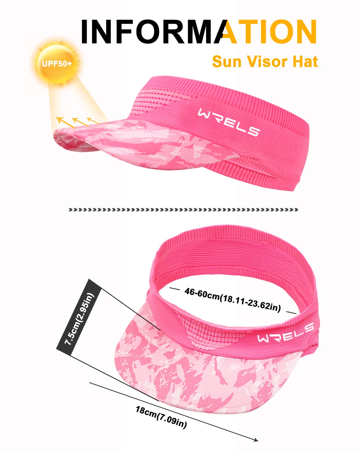 WRELS Visor Sun Hat for Kids Women Men,Adjustable Packable Sports Cap with Sweatband(46-60cm) (#B-Rose Red)