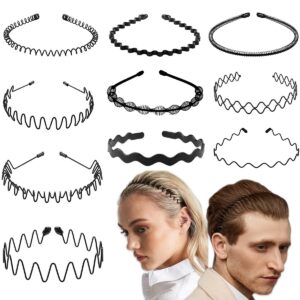 ULTIMUTE 10 Pieces Black Headband for Men and Women Adjustable Unisex Metal Wavy Hair Band Non-slip Metal Plastic Hair Hoop for Long Curly Hair Home, Outdoor, Sports and Yoga Accessories(Style A)