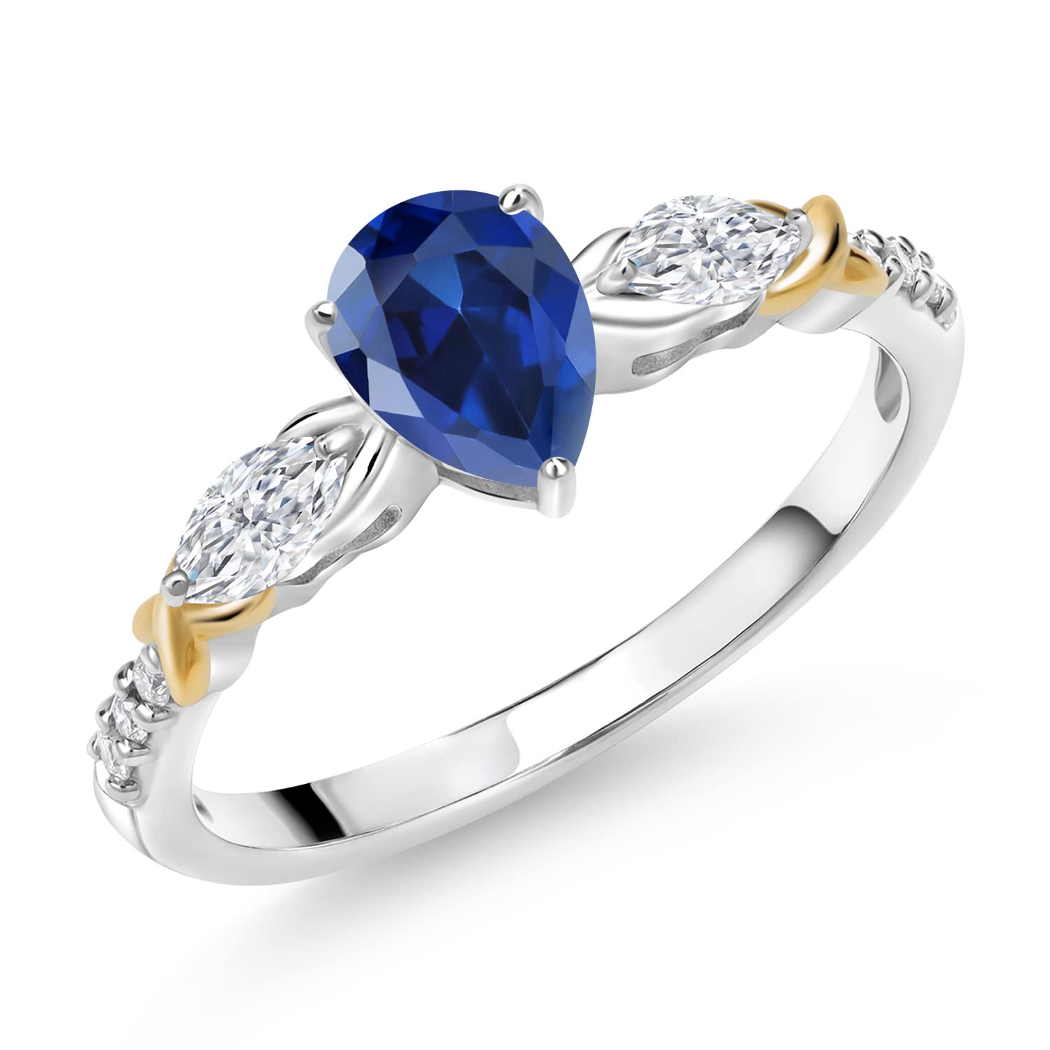 Gem Stone King 925 Silver 10K Yellow Gold Pear Shape Blue Created Sapphire White Moissanite and White Lab Grown Diamond Engagement Ring For Women (1.29 Cttw, Gemstone September Birthstone, Size 8)