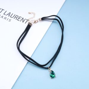 Iaceble Vintage Layered Suede Choker Necklace Green Teardrop Clavicle Necklace Black Velvet Choker Necklace Cz Emerald Pendant Necklace Collar Jewelry for Women and Girls