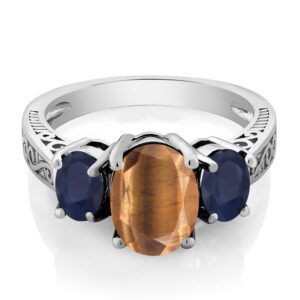 Gem Stone King 925 Sterling Silver Oval Brown Tiger Eye and Blue Sapphire Ring For Women (2.61 Cttw, Gemstone Birthstone, Available In Size 5, 6, 7, 8, 9)