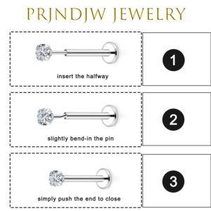 Prjndjw 18G 20G Push in Threadless Nose Rings Stud Earrings Hypoallergenic Flat Back Surgical Stainless Steel Cubic Zircon Helix/Cartilage/Tragus/Lobe Earrings Lip Labret Snake Bite Jewelry