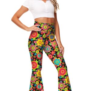 Flare Pants for Women Floral Bell Bottom 70s Hippie Pants High Waist Groovy Boho Yoga Pants XS