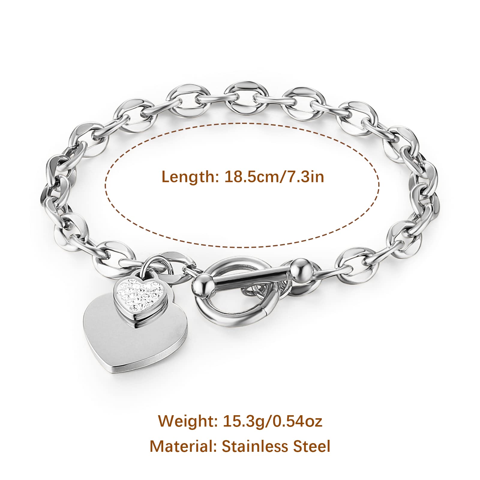 HZMAN Stainless Steel Zircon Love Heart Bracelet for Women Romantic Gift Toggle Clasp Link Bracelets (Silver)