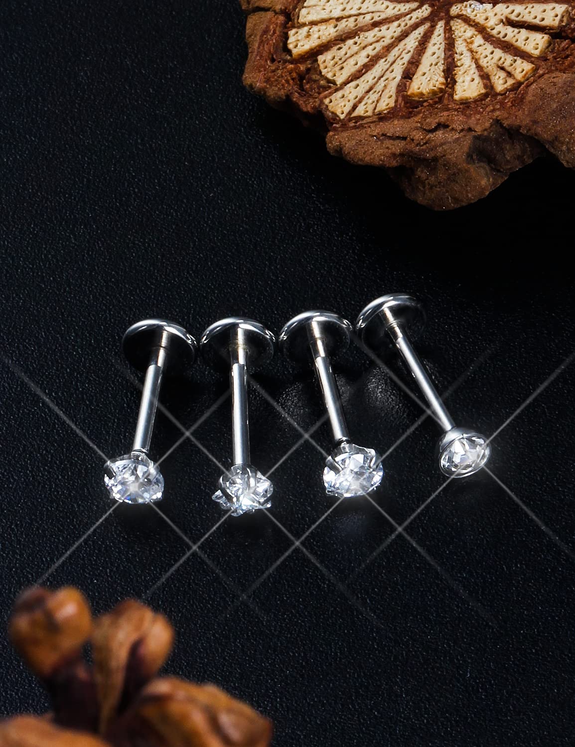 Prjndjw 18G 20G Push in Threadless Nose Rings Stud Earrings Hypoallergenic Flat Back Surgical Stainless Steel Cubic Zircon Helix/Cartilage/Tragus/Lobe Earrings Lip Labret Snake Bite Jewelry