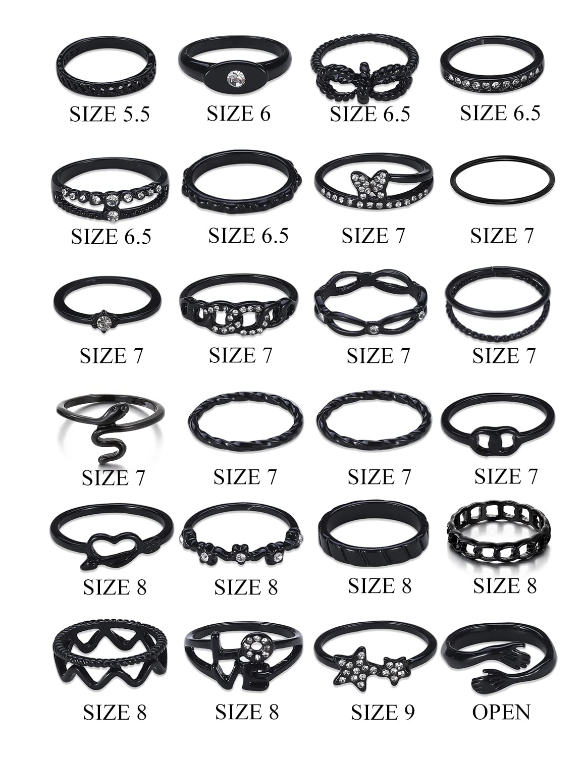 KISS WIFE Gold Knuckle Rings Set for Women, Dainty Simple Trendy Cute Stackable Finger Rings Pack, Stacking Layering on Thumb and Knuckle, Mixed Size (Black)