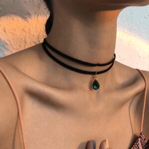 Iaceble Vintage Layered Suede Choker Necklace Green Teardrop Clavicle Necklace Black Velvet Choker Necklace Cz Emerald Pendant Necklace Collar Jewelry for Women and Girls