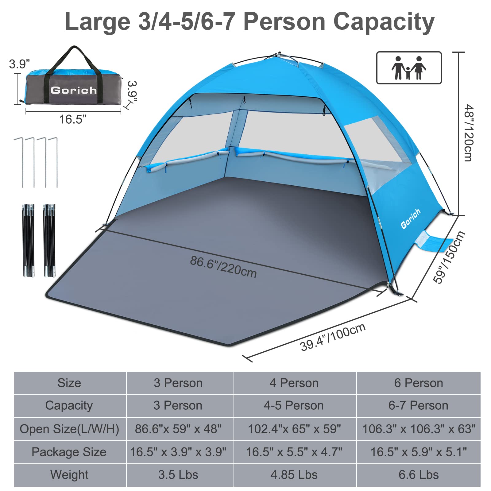 Gorich Beach Tent for 6 People + Beach Tent Poles for Replacement (6 People, Sky Blue)