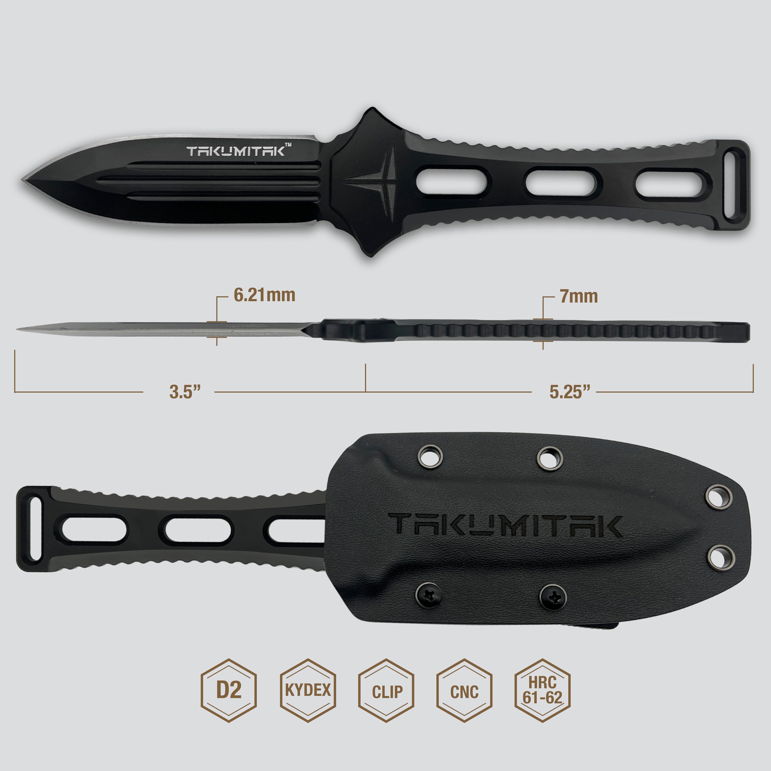 TAKUMITAK Hunting Knife Survival Knife D2 Fixed Blade Knives G10 Handle Kydex Sheath Molle Clip Camping Survival Tactical Hunting Gear EDC Knife 40062 (Black TKF205BK)