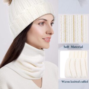 9 Pcs Winter Knitted Hat Scarf Gloves Set Warm Beanie Hat with Faux Fur Pom Fleece Lining Neck Warmer Touchscreen Gloves for Women, Men