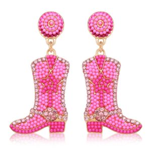 UYT Beaded Cowgirl Boot Earring Western Cowboy Boots Earrings for Women Boho Beads Shoes Dangle Drop Earrings Y2k Jewelry Party Gift (pink)