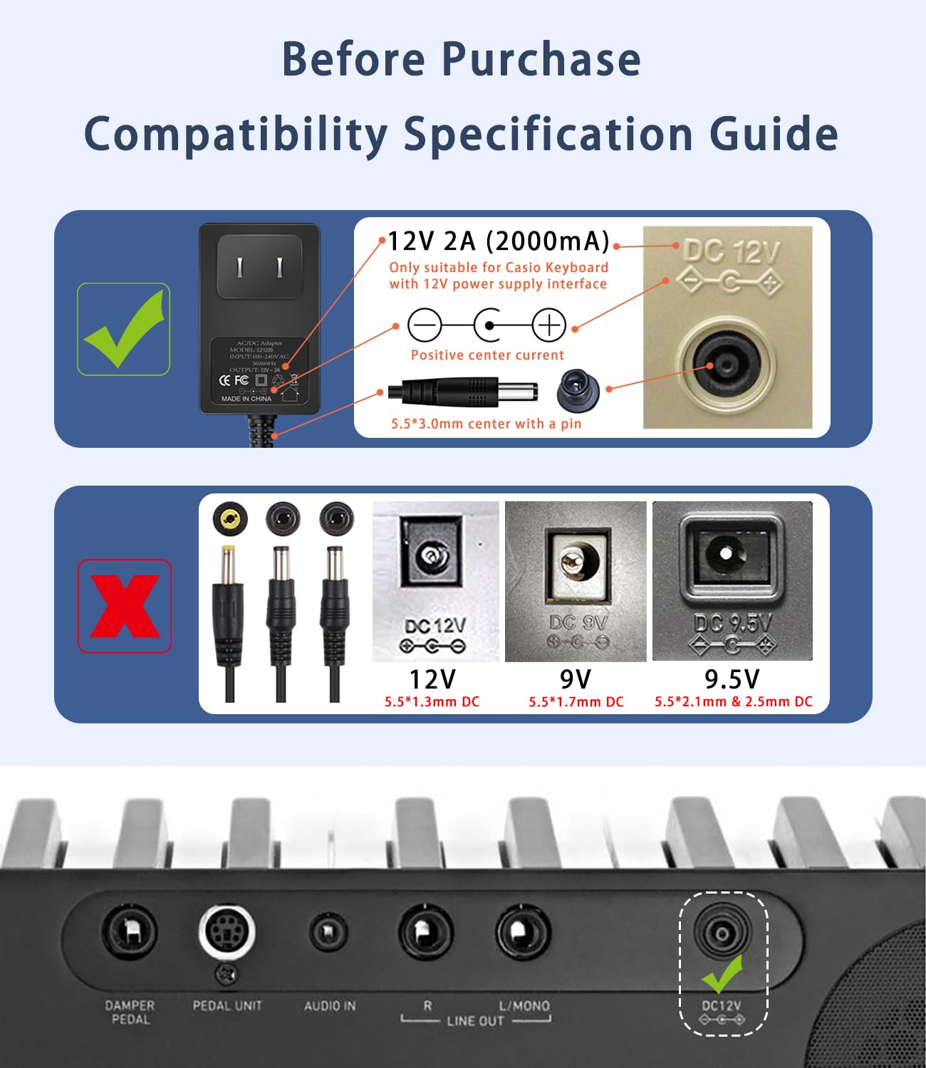 12V 2A Ac Dc Adapter for Casio Privia Power Cord, Compatible with Casio Digital Piano Keyboard AD-A12150LW, AD-A1215LW PX-130 PX-350 PX-160 PX-150 CDP-120 CTK-6000 CTK-6300 CTK-7200 Power Supply