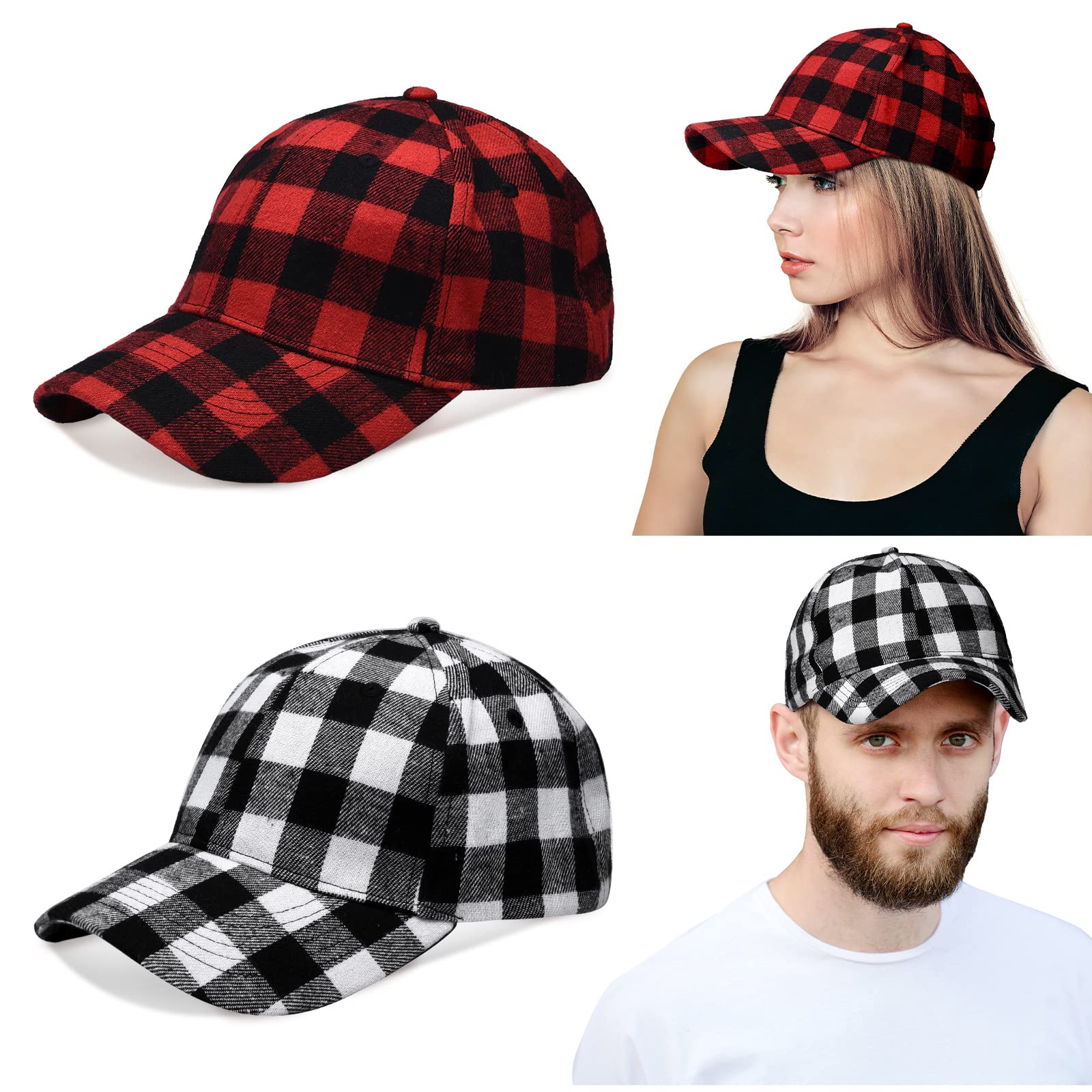 2 Pcs Plaid Baseball Caps Buffalo Plaid Baseball Cap Plaid Print Snapback Hat Christmas Halloween Baseball Cap Unisex Adjustable Plaid Outdoor Hat for Women Men Teens Red, Black