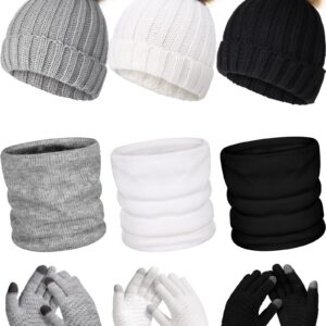 9 Pcs Winter Knitted Hat Scarf Gloves Set Warm Beanie Hat with Faux Fur Pom Fleece Lining Neck Warmer Touchscreen Gloves for Women, Men