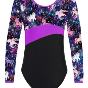 HULIJA Girls' Gymnastics Ballet Bodysuit 1Piece Long Sleeves Stars Print Leotard X Cross Back Skirted Dress Pegasus Star 6 Years