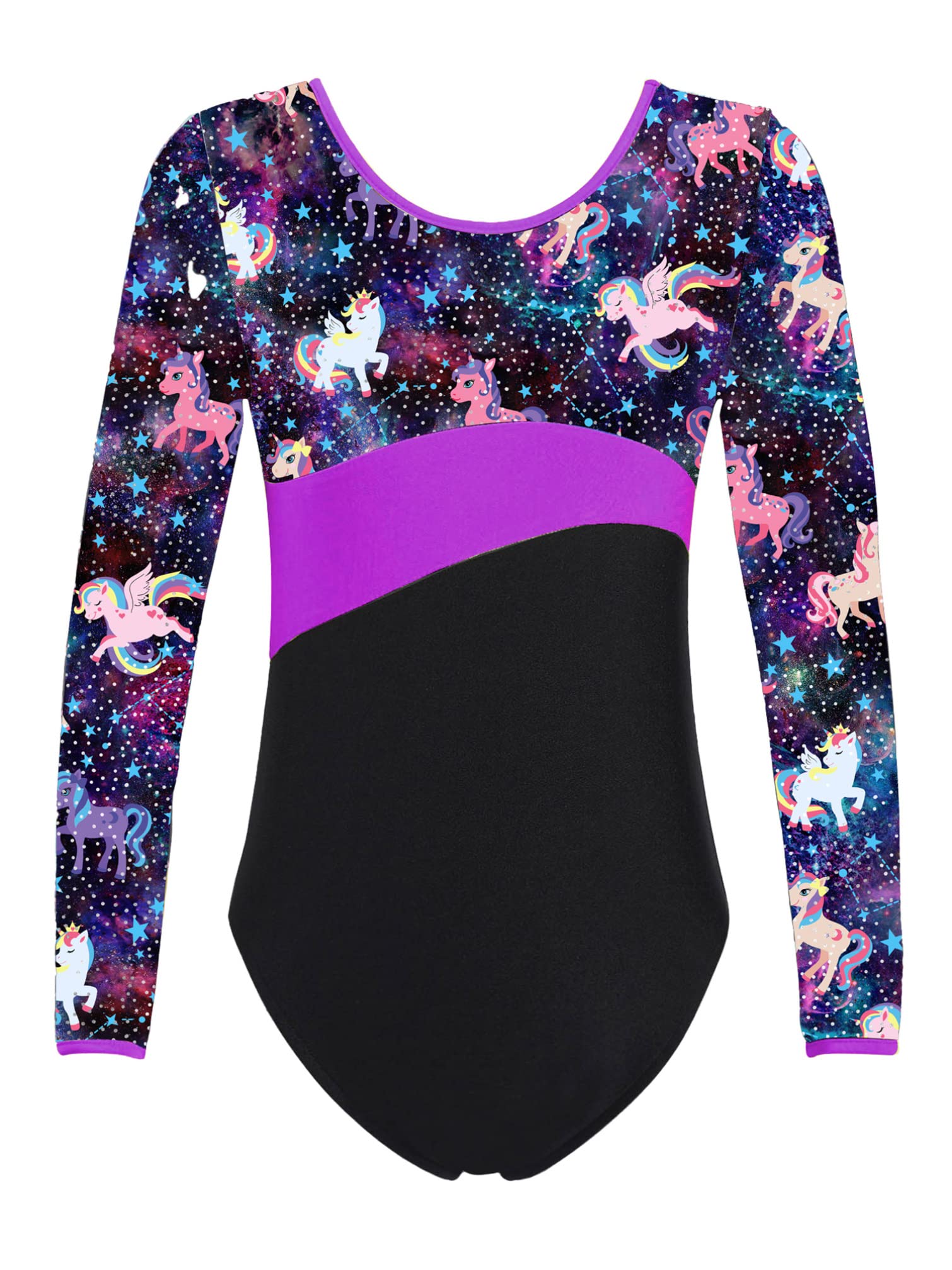 HULIJA Girls' Gymnastics Ballet Bodysuit 1Piece Long Sleeves Stars Print Leotard X Cross Back Skirted Dress Pegasus Star 6 Years