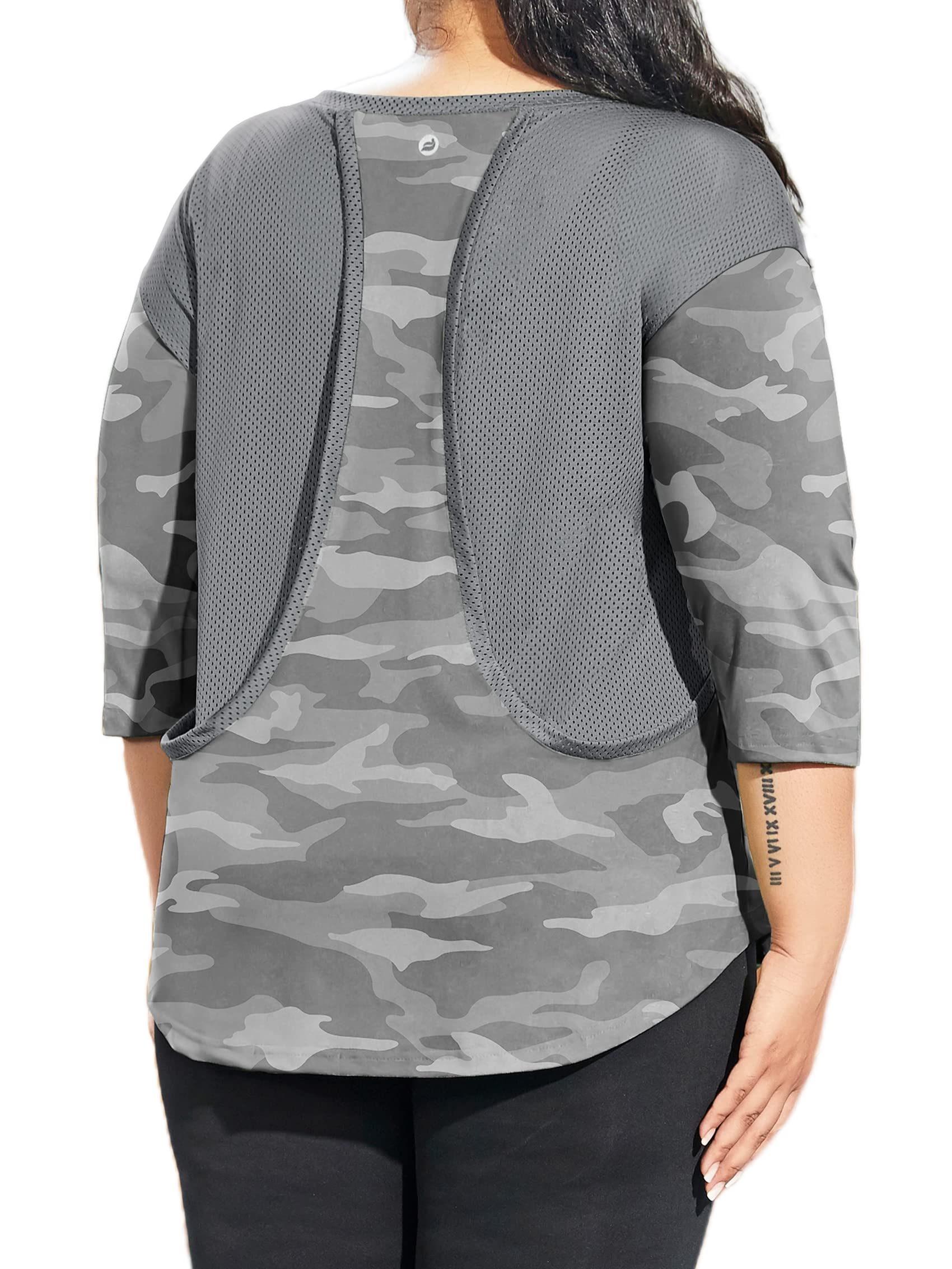 Women's Plus Size Mesh Workout Tops Long Sleeve Sport Tee Racerback Athletic Yoga Gym Shirts with Thumb Holes,Grey Camo,3XL