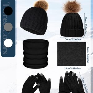 9 Pcs Winter Knitted Hat Scarf Gloves Set Warm Beanie Hat with Faux Fur Pom Fleece Lining Neck Warmer Touchscreen Gloves for Women, Men