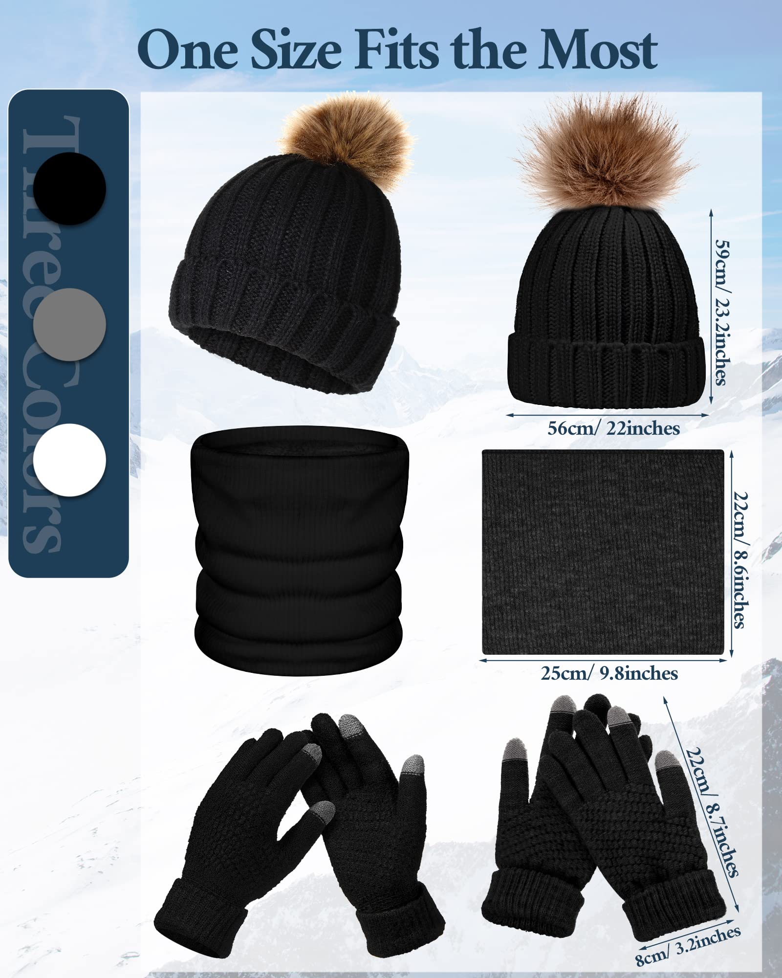 9 Pcs Winter Knitted Hat Scarf Gloves Set Warm Beanie Hat with Faux Fur Pom Fleece Lining Neck Warmer Touchscreen Gloves for Women, Men