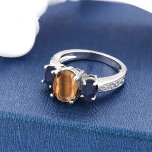 Gem Stone King 925 Sterling Silver Oval Brown Tiger Eye and Blue Sapphire Ring For Women (2.61 Cttw, Gemstone Birthstone, Available In Size 5, 6, 7, 8, 9)