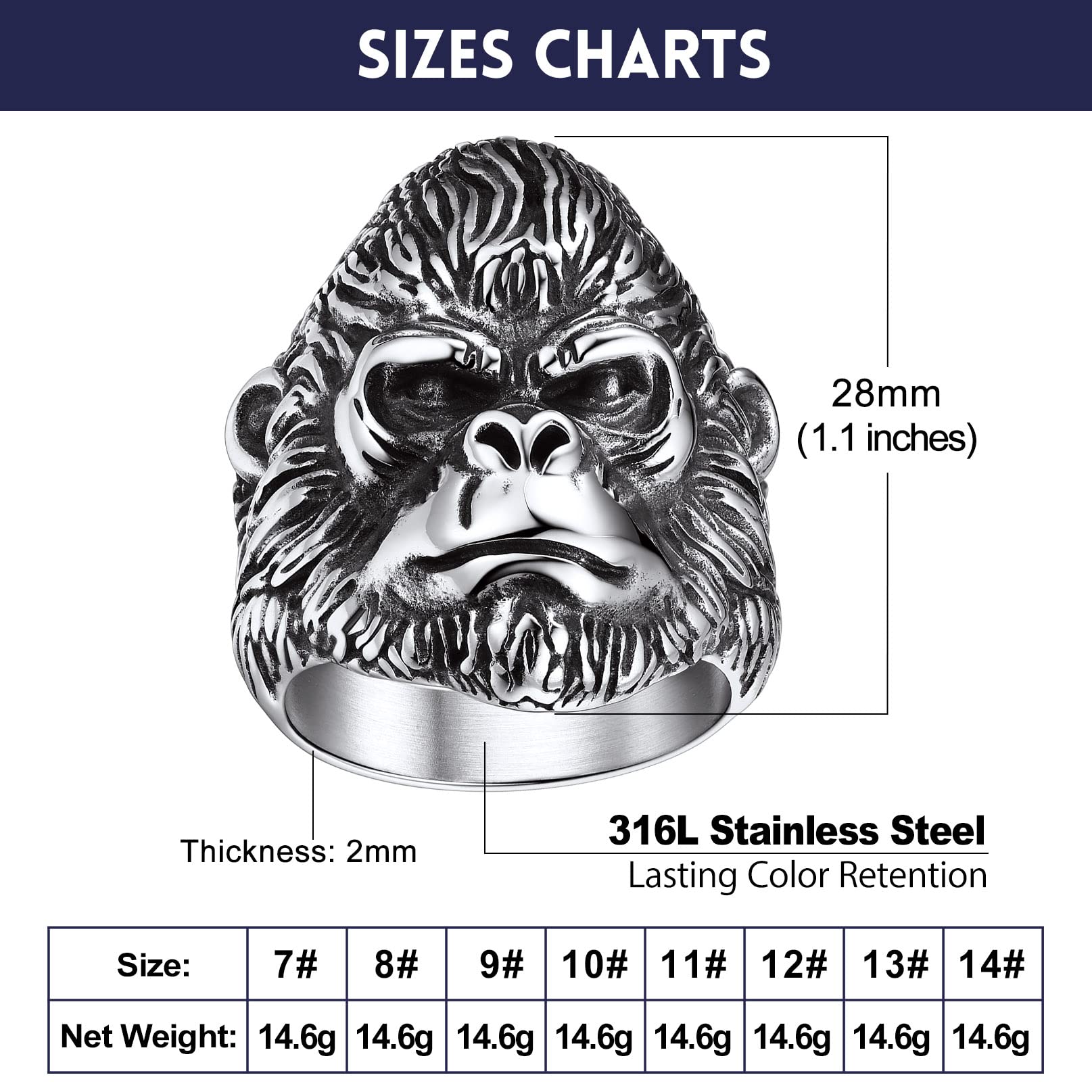 Stainless Steel Motorcycle Biker Ring Big Gorilla Ring Retro Punk Gothic Rings Guardian Amulet Ring Size 14