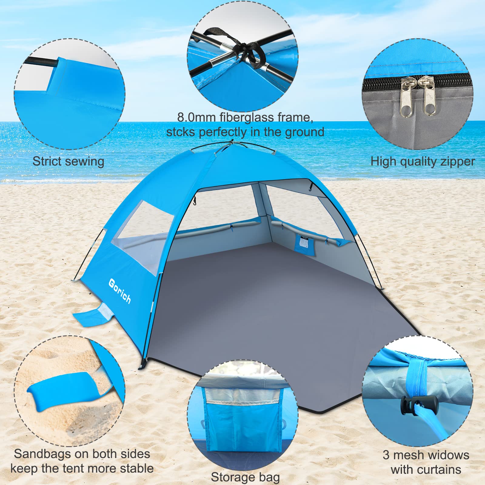 Gorich Beach Tent for 6 People + Beach Tent Poles for Replacement (6 People, Sky Blue)