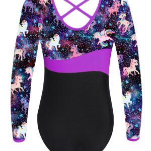 HULIJA Girls' Gymnastics Ballet Bodysuit 1Piece Long Sleeves Stars Print Leotard X Cross Back Skirted Dress Pegasus Star 6 Years