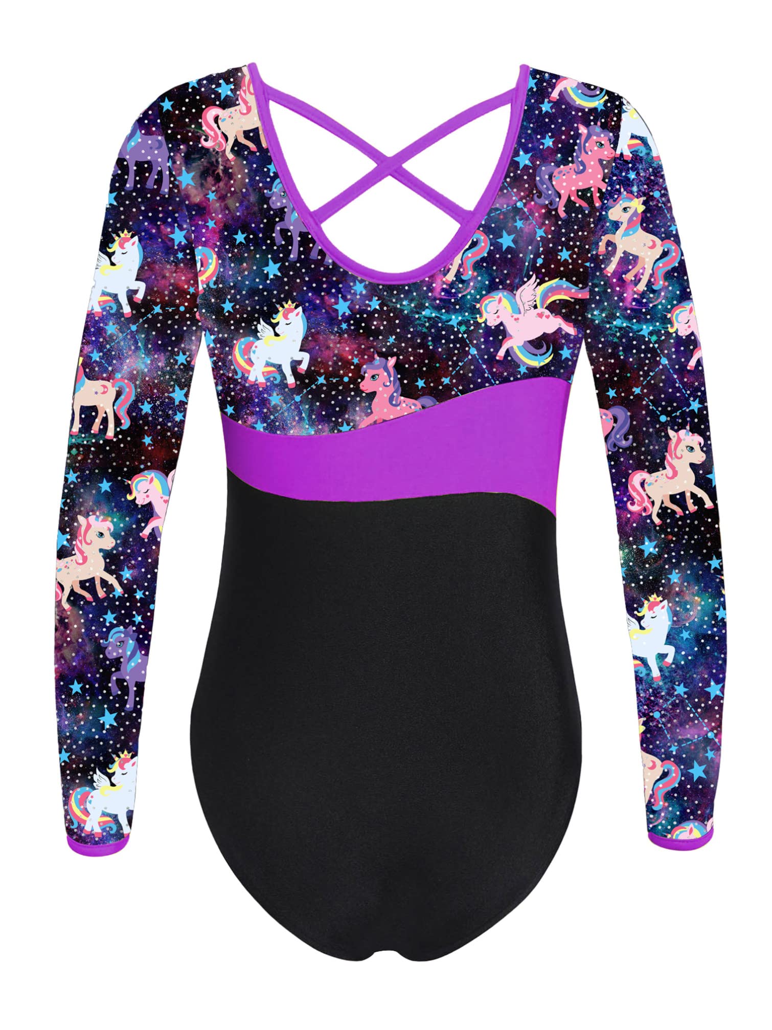 HULIJA Girls' Gymnastics Ballet Bodysuit 1Piece Long Sleeves Stars Print Leotard X Cross Back Skirted Dress Pegasus Star 6 Years