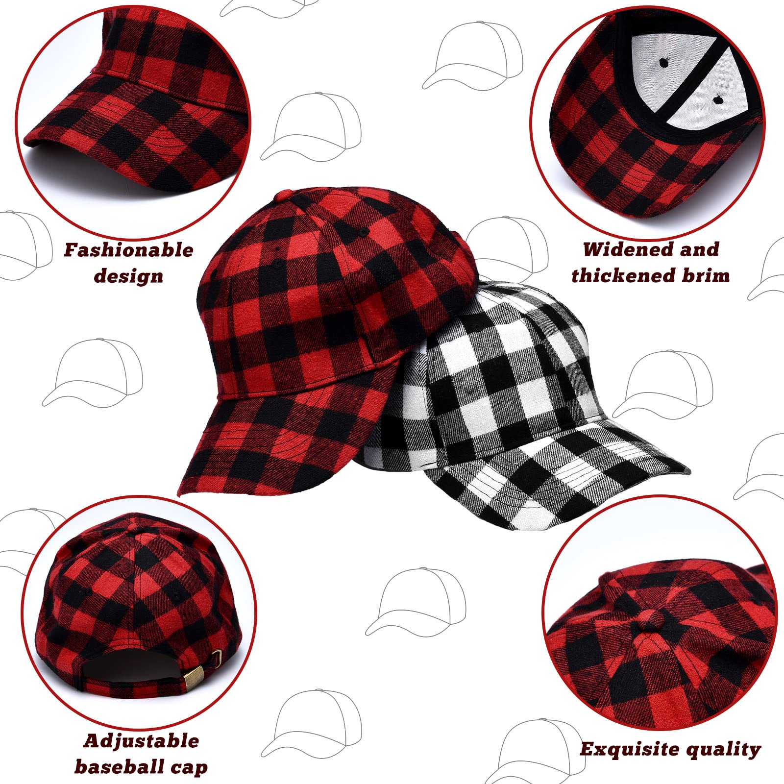 2 Pcs Plaid Baseball Caps Buffalo Plaid Baseball Cap Plaid Print Snapback Hat Christmas Halloween Baseball Cap Unisex Adjustable Plaid Outdoor Hat for Women Men Teens Red, Black