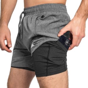 Zilpu Gym Shorts for Men, Lightweight Men's Athletic Workout Sorts, 2 in 1 with Zipper Pocket - 5 Inch Inseam - Dark Gray - 2X-Large