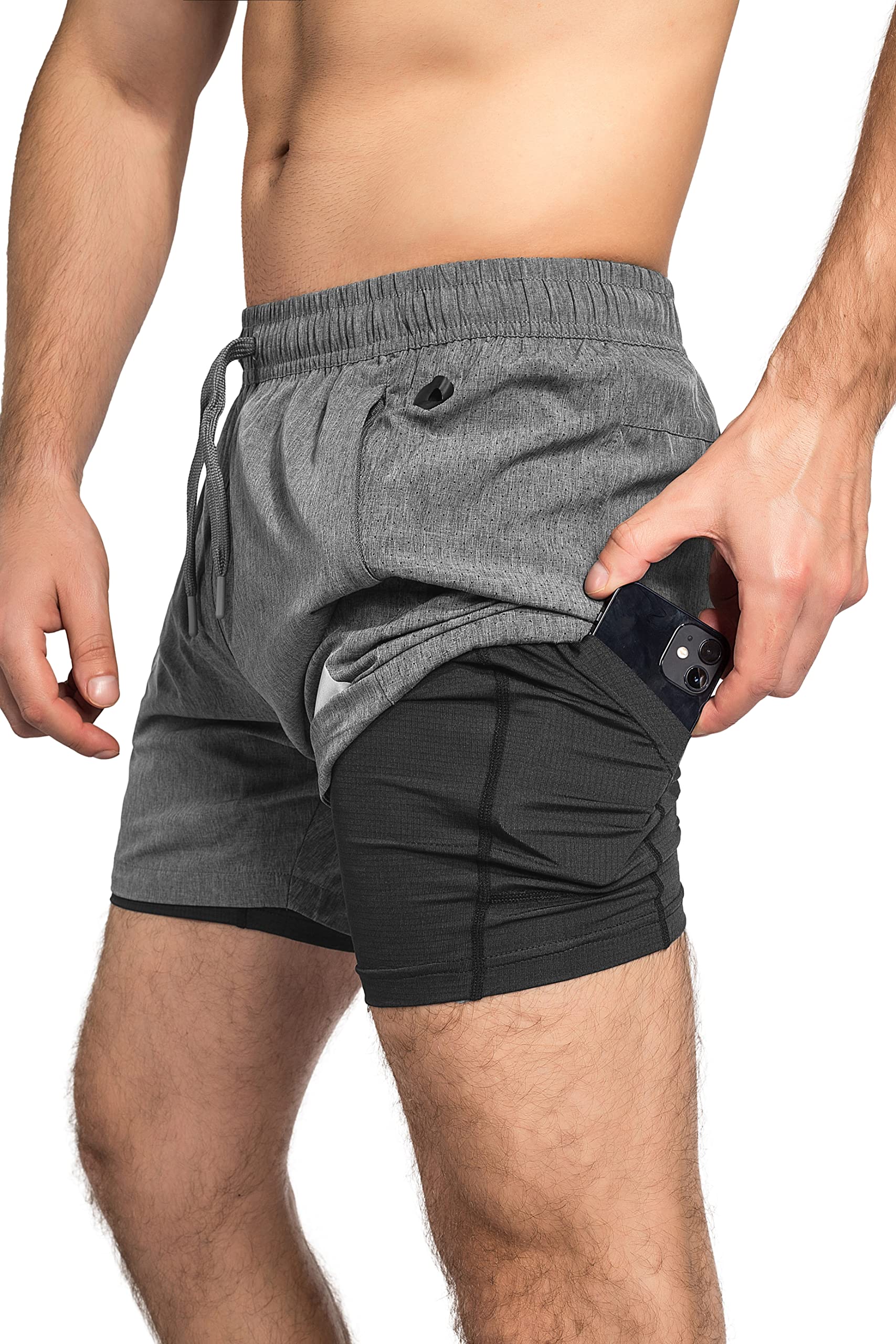 Zilpu Gym Shorts for Men, Lightweight Men's Athletic Workout Sorts, 2 in 1 with Zipper Pocket - 5 Inch Inseam - Dark Gray - 2X-Large