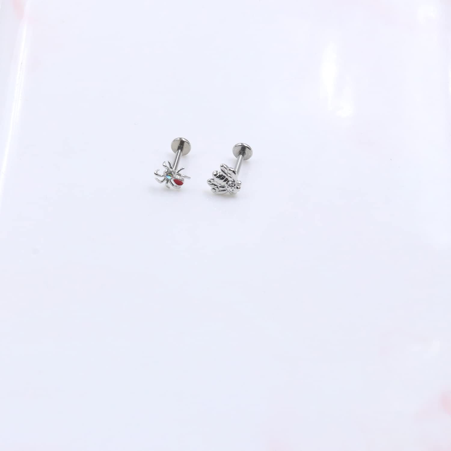 FLOGWE 2PCS 16G 316L Pushin Lip Rings Top Push in Threadless Spider &Bee Nose Stud Rings Top Push in Threadless Surgical Steel Flat Back Nose Studs for Womens