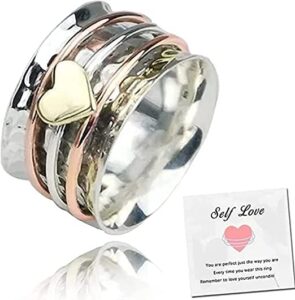 self love fidget heart ring for women, spinner silver reduces anxiety wide band rings birthday gift with card jewelry