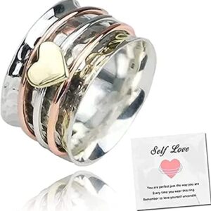 Self Love Fidget Heart Ring for Women, Spinner Silver Reduces Anxiety Wide Band Rings Birthday Gift with Card Jewelry