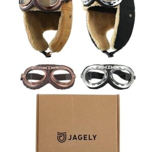 JaGely 4 Pcs Pilot Hat and Goggles Flight Costume Accessories Pilot Helmet Cap with Ear Flaps Hat Adults Winter (Black, Khaki)