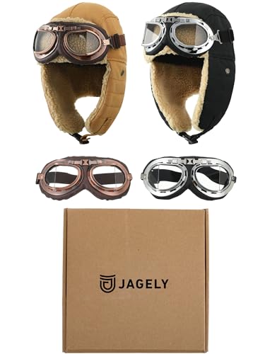 JaGely 4 Pcs Pilot Hat and Goggles Flight Costume Accessories Pilot Helmet Cap with Ear Flaps Hat Adults Winter (Black, Khaki)