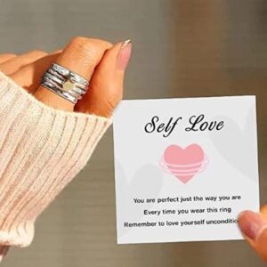 Self Love Fidget Heart Ring for Women, Spinner Silver Reduces Anxiety Wide Band Rings Birthday Gift with Card Jewelry