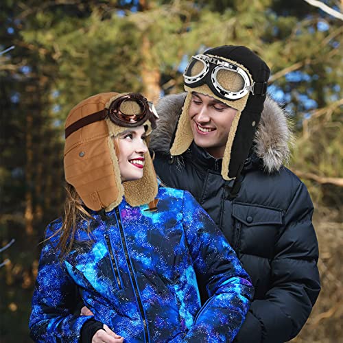 JaGely 4 Pcs Pilot Hat and Goggles Flight Costume Accessories Pilot Helmet Cap with Ear Flaps Hat Adults Winter (Black, Khaki)