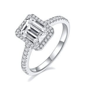 Emerald Cut Halo Engagement Rings for Women White Gold, 1CT Center Moissanite Engagement Ring Platinum Plated Silver 10K 14K 18K Gold Wedding Anniversary Rings for Her with Text Engraving(Platinum Plated Silver)