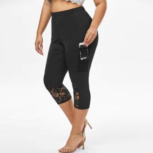 Women's Capri Pants Plus Size Workout Capri Leggings Stretchy Yoga Running Athletic Tights Solid Guipure Lace Trim