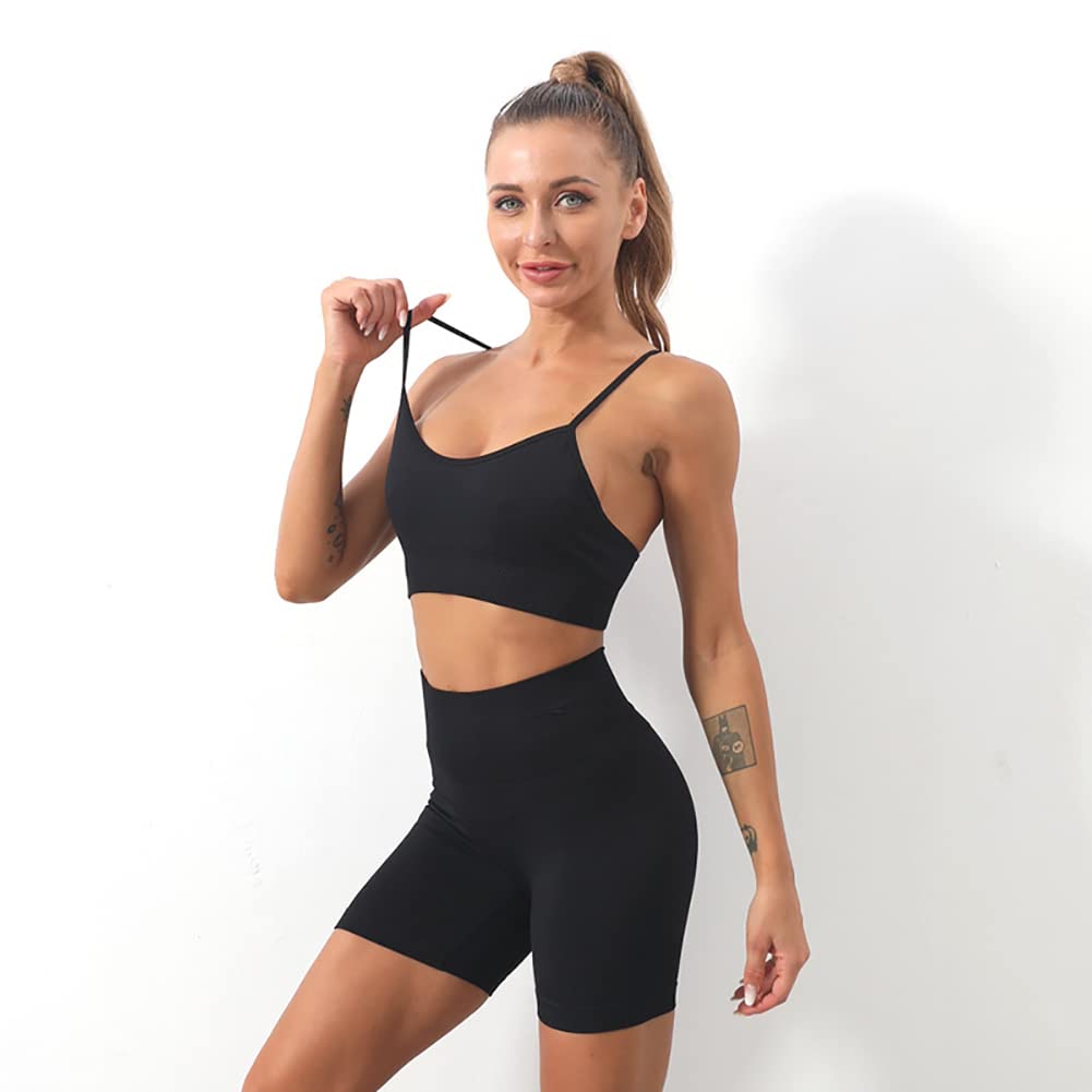 Black Workout Sets for Women: 3 Piece Yoga Outfit Tracksuit High Waisted Running Biker Shorts with Strap Sport Bra Shirt Crop Top Exercise Running Clothes Athletic Gym Sets Matching Active Wear Medium