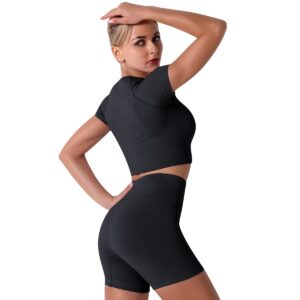 Black Workout Sets for Women: 2 Piece Yoga Outfit Tracksuits High Waisted Running Biker Shorts with Strap Sport Shirt Crop Top Exercise Running Clothes Athletic Gym Sets Matching Active Wear Medium