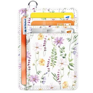 Coco Rossi Slim Front Pocket Wallet RFID ID Card Holder Cute Small Wallet with Keychian for Women,White Daisy