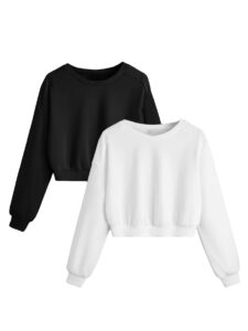 verdusa women's 2 pack long sleeve round neck crop sweatshirt top black and white m